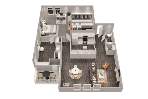 Floor plan for 1 bed, 1.5 baths, 875 sqft